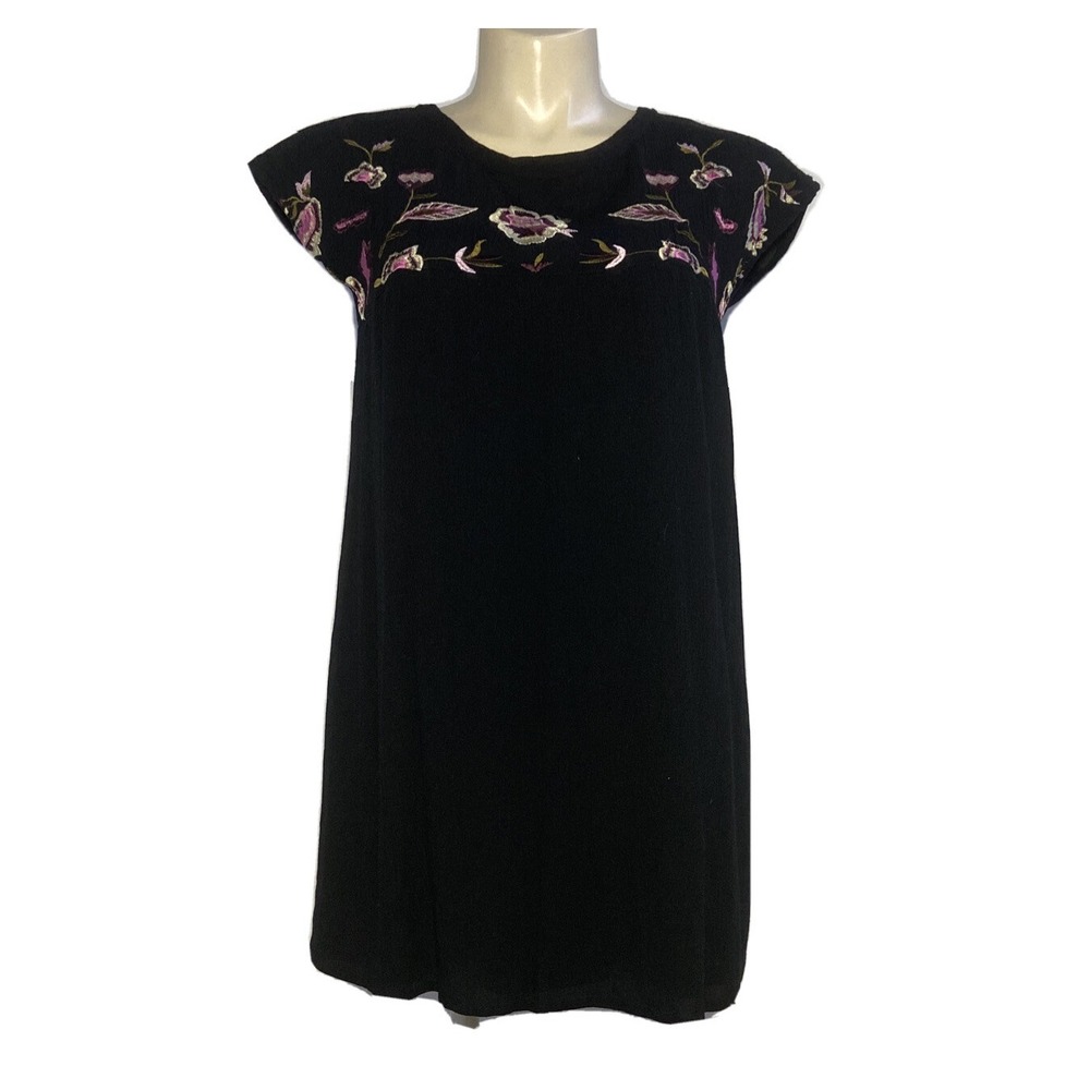 Dizzy Lizzy Dress LARGE Black Crinkle Floral Embroider Lined Stretch Tunic Shift